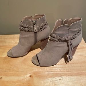 Peep-toe suede heels